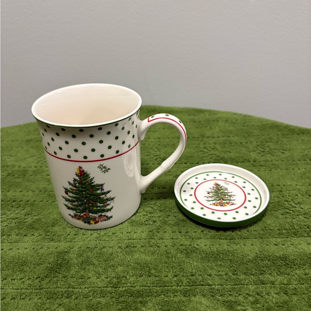 Spode Christmas Tree Mug with Lid/Coaster- Green and Red
